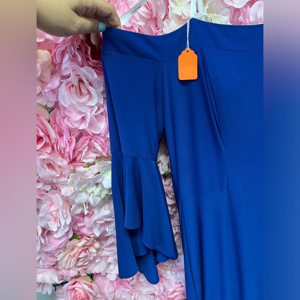 Studio 17 12706 Royal Blue Size 12 Off The Shoulder Long Dress With Bell Sleeves - Picture 3 of 5